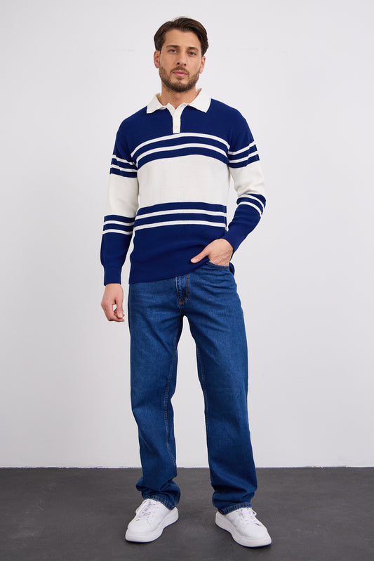 Polo Yaka Çizgili Kazak Lacivert