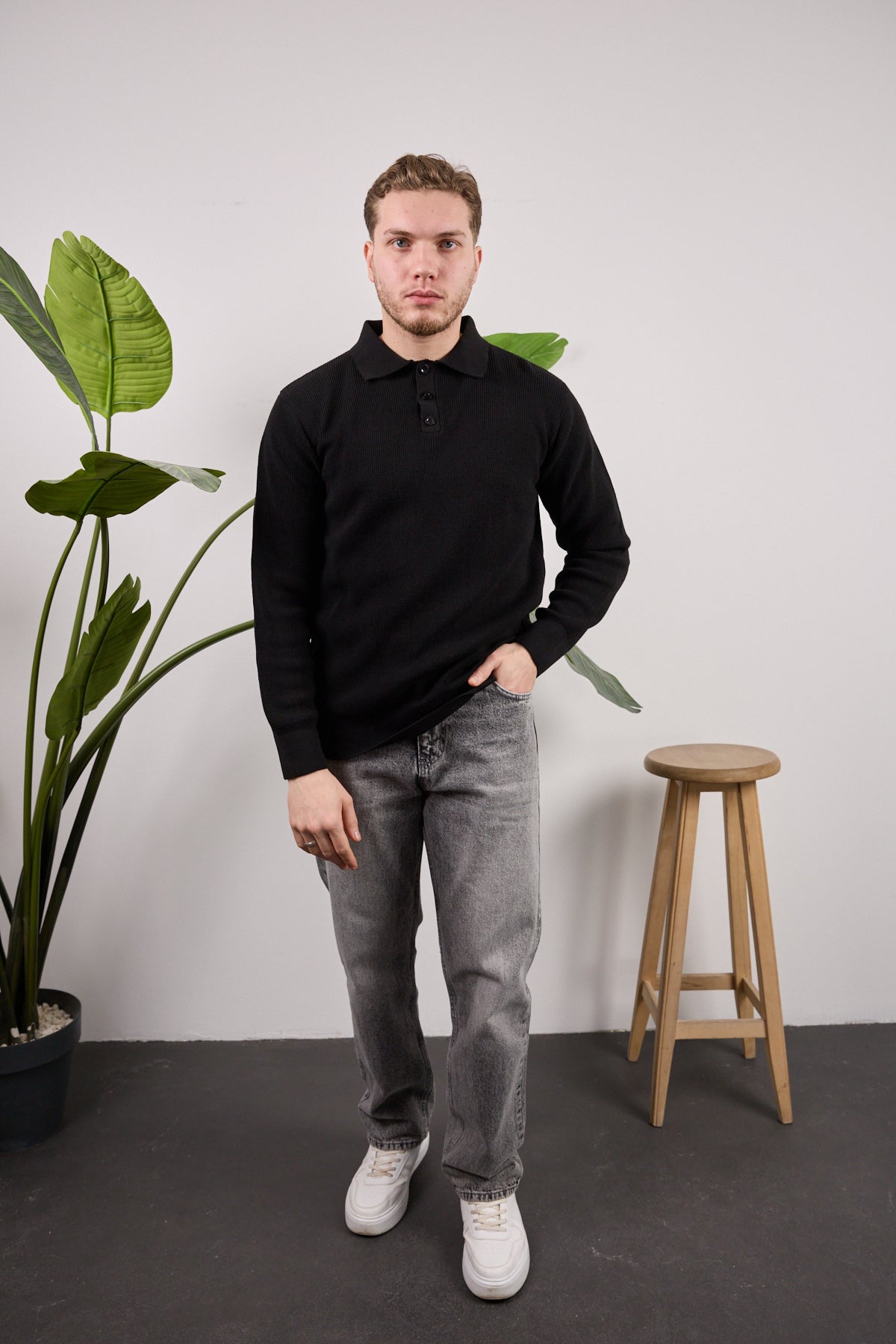 Düğmeli Polo Yaka Kazak Siyah