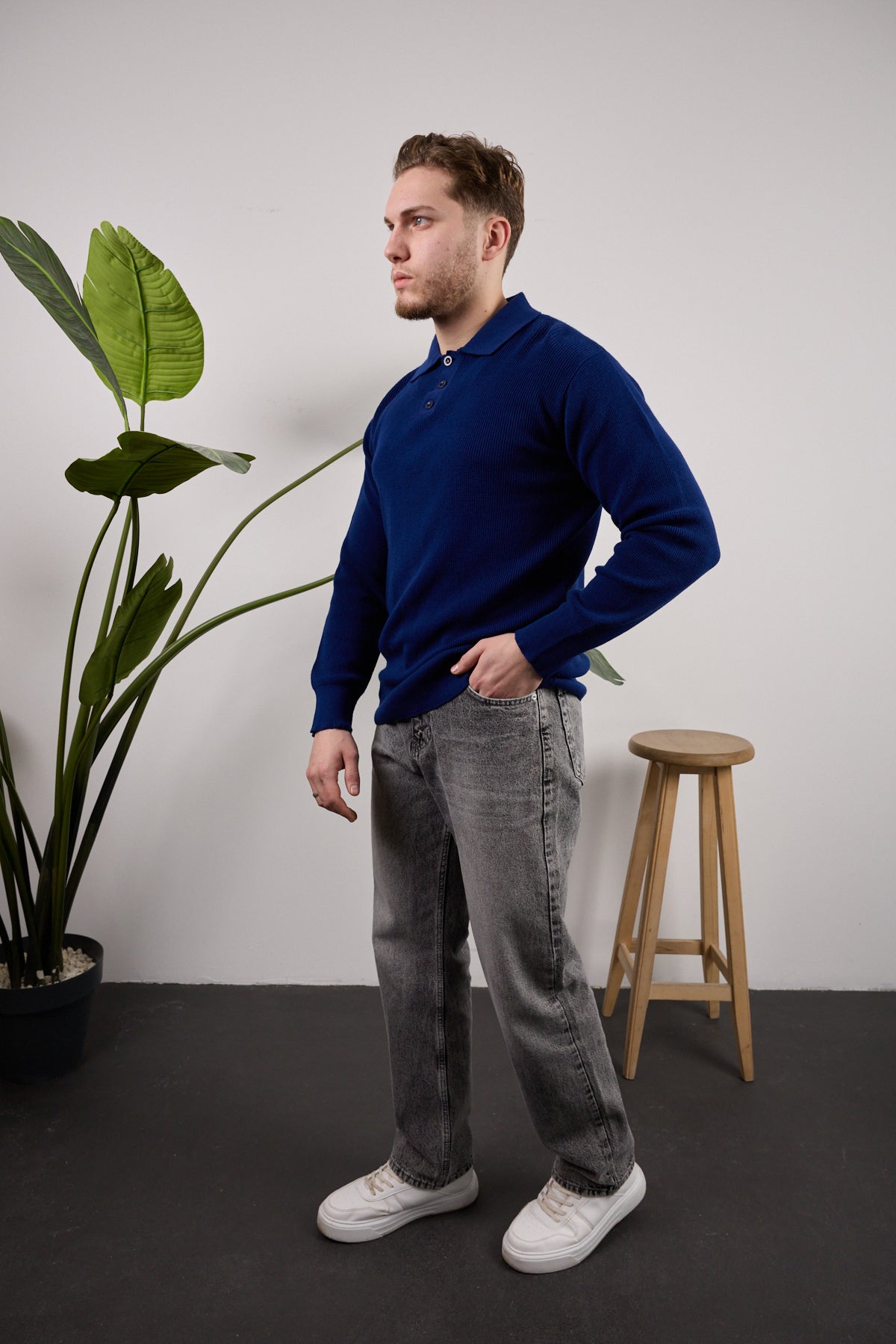 Düğmeli Polo Yaka Kazak Lacivert