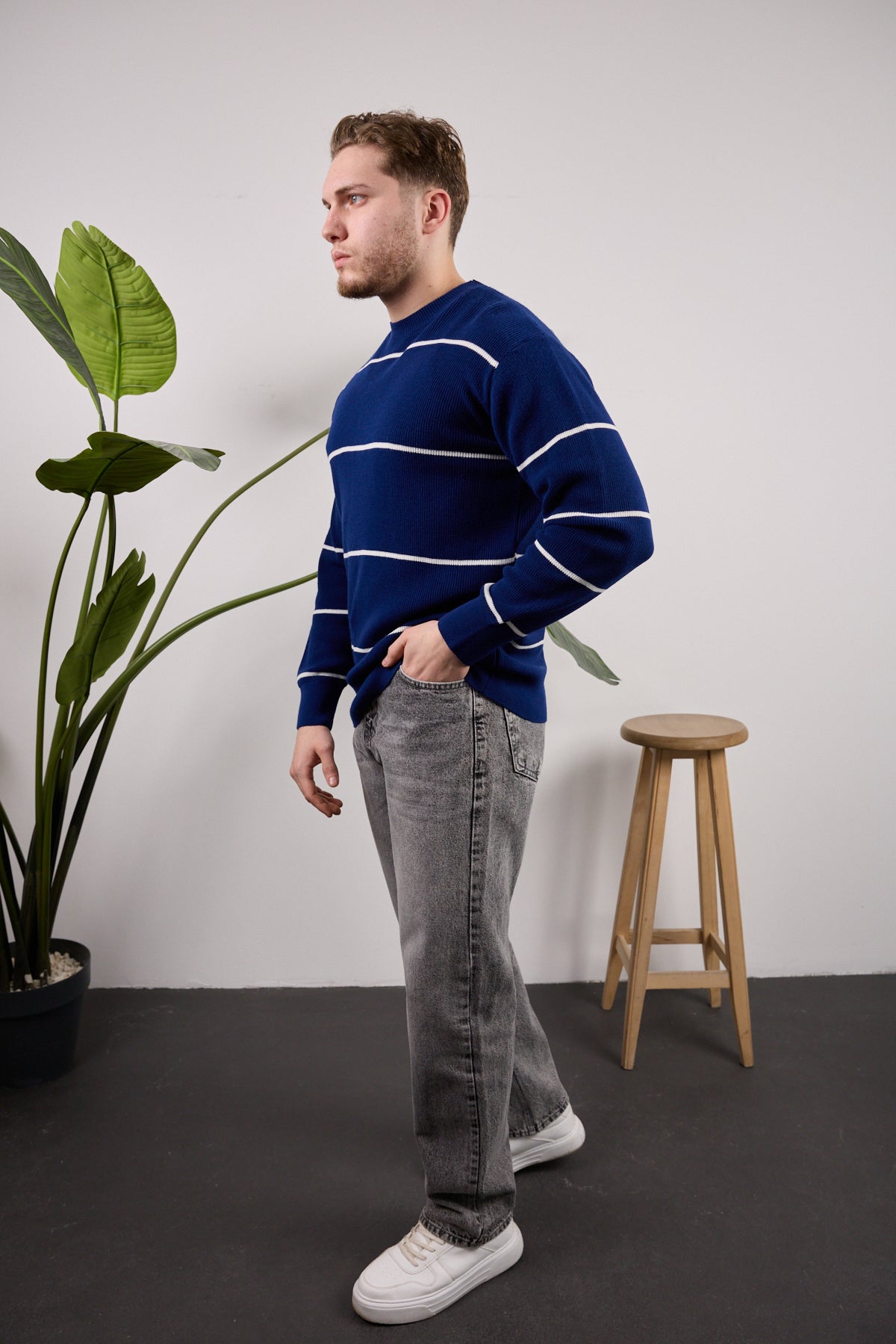 Çizgili Triko Kazak Lacivert