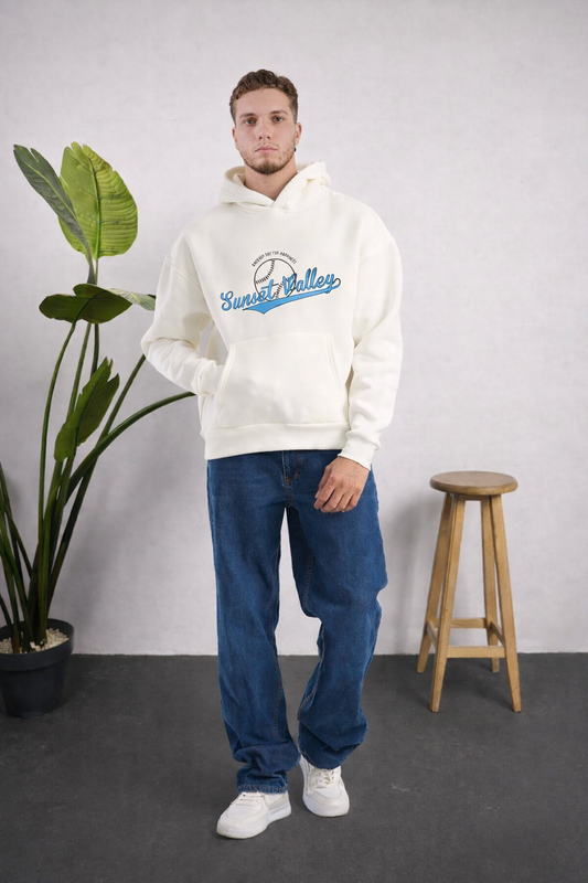 Sunset Valley Baskılı Kapüşonlu Sweatshirt Beyaz