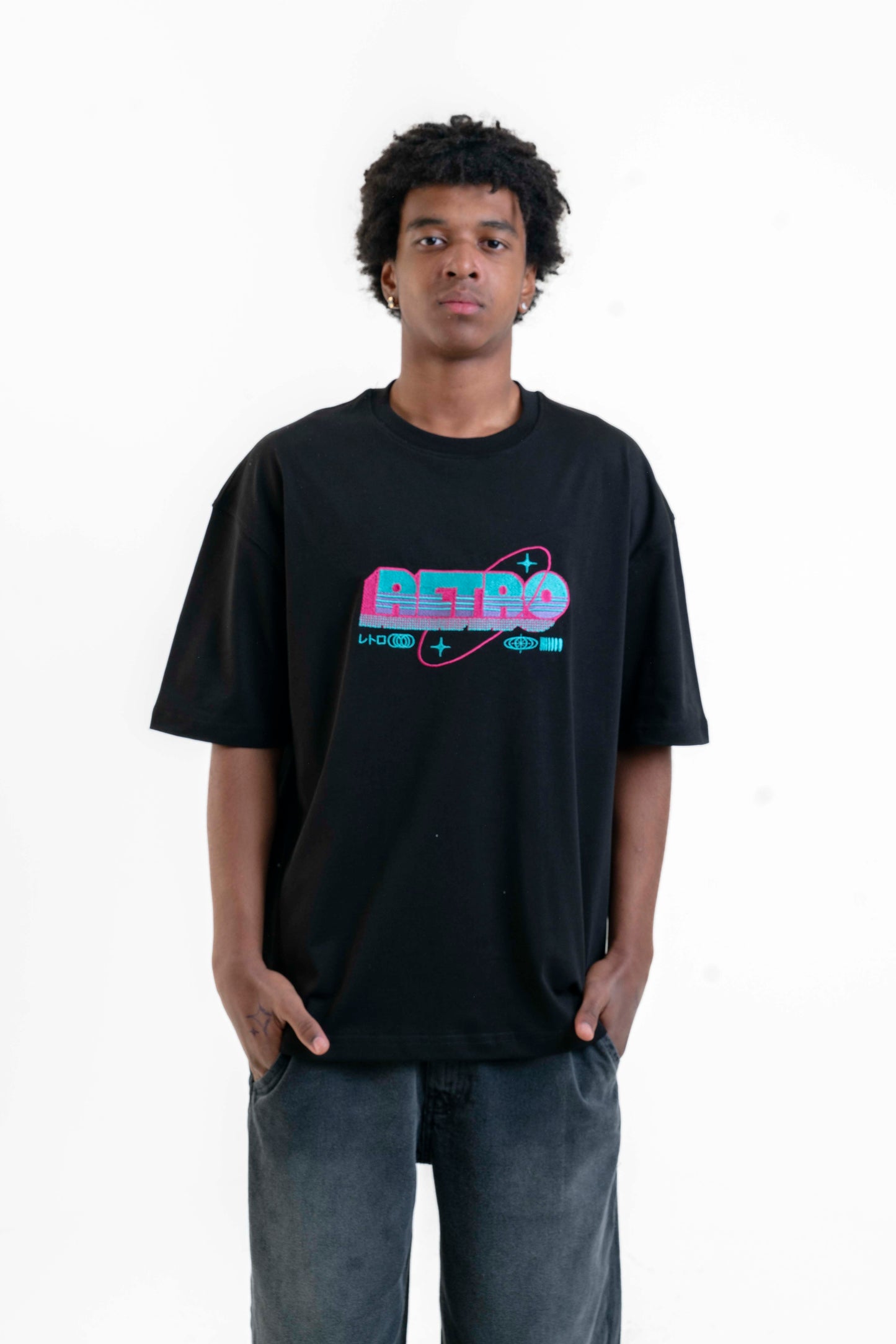 Retro Neon Oversize Tişört - Siyah