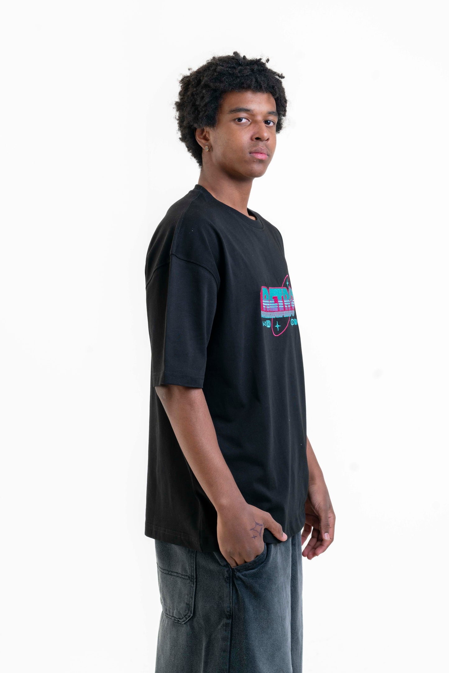 Retro Neon Oversize Tişört - Siyah