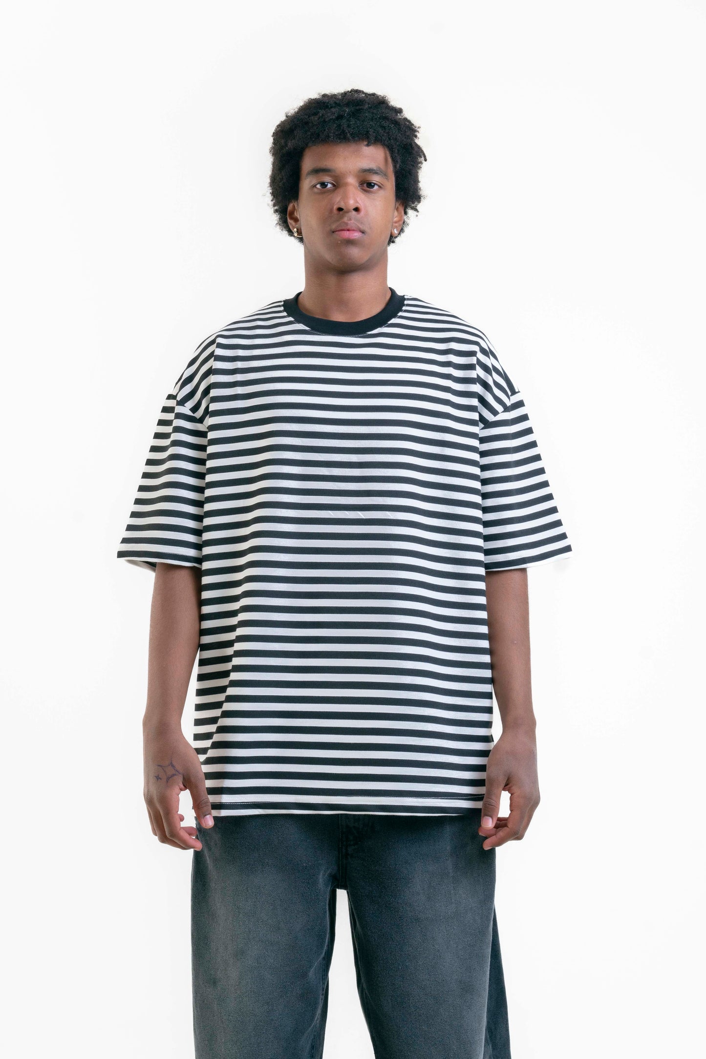 Striped Oversize Tişört - Siyah/Beyaz