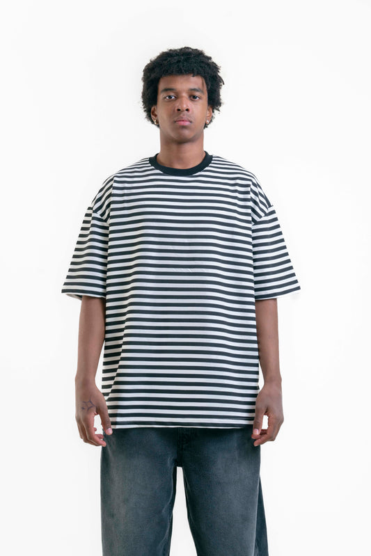 Striped Oversize Tişört - Siyah/Beyaz