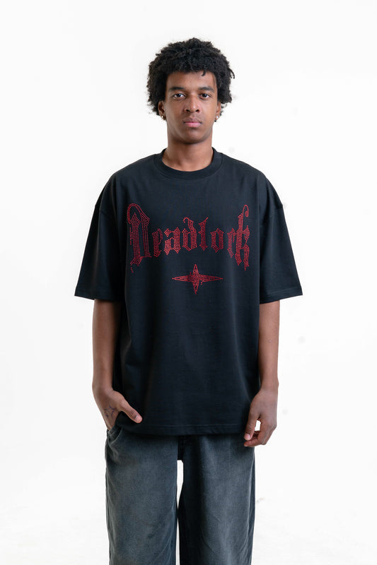 Deadlock Taş Detaylı Oversize T-shirt - Siyah/Kırmızı