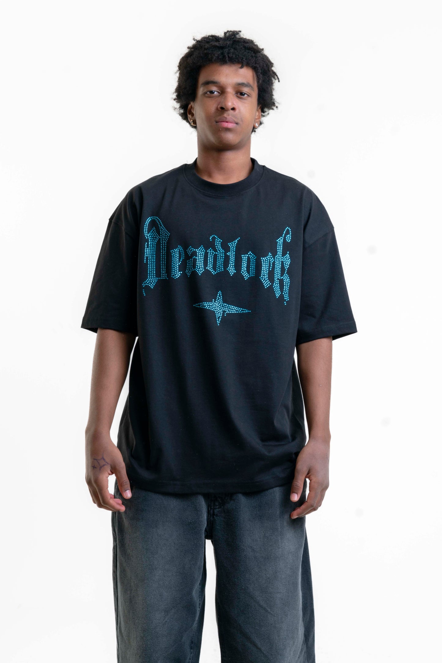 Deadlock Taş Detaylı Oversize T-shirt - Siyah/Mavi