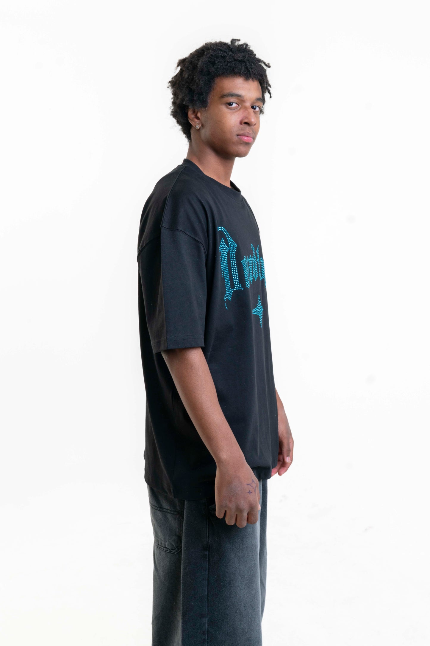 Deadlock Taş Detaylı Oversize T-shirt - Siyah/Mavi