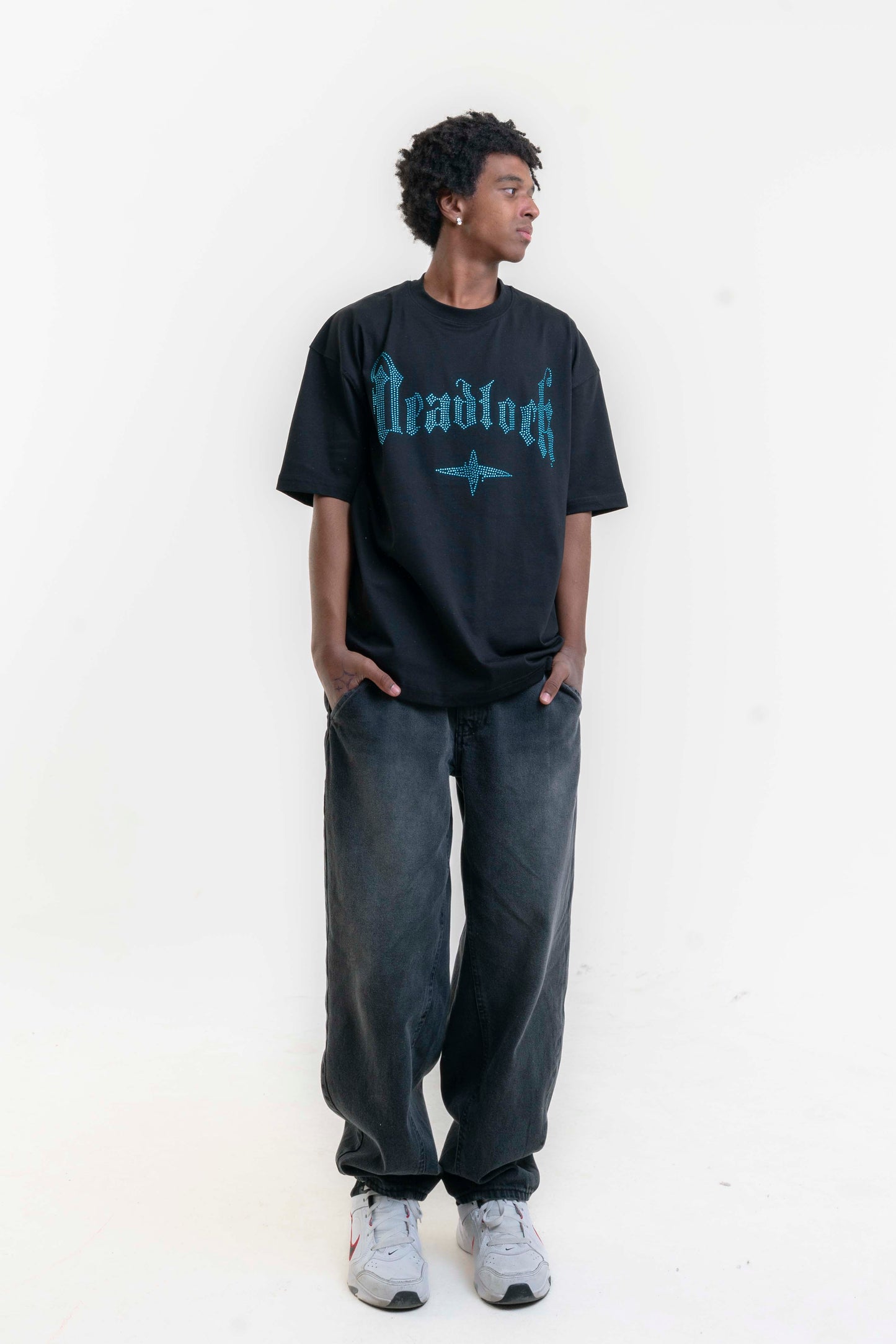 Deadlock Taş Detaylı Oversize T-shirt - Siyah/Mavi