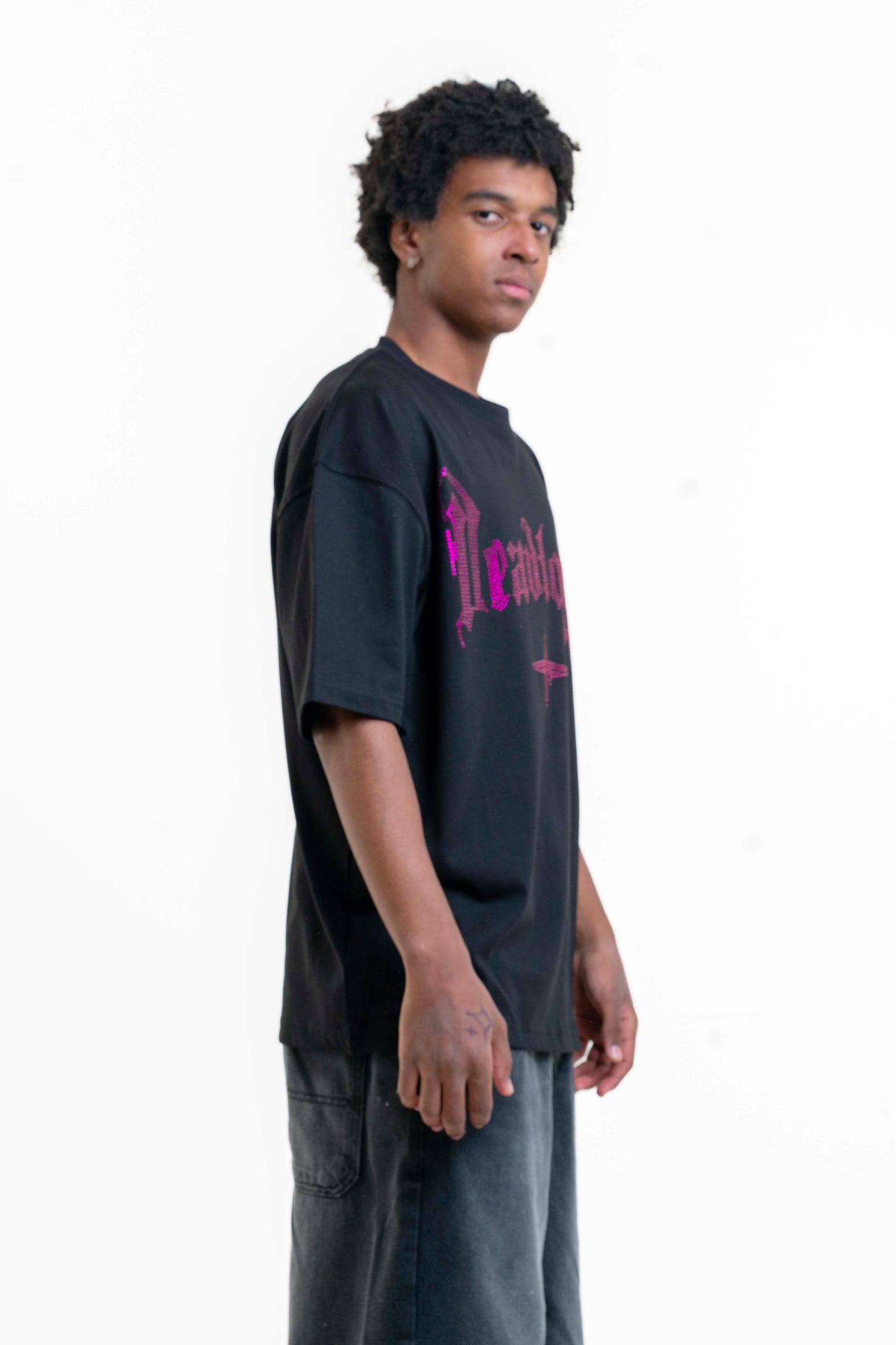 Deadlock Taş Detaylı Oversize T-shirt - Siyah Mor