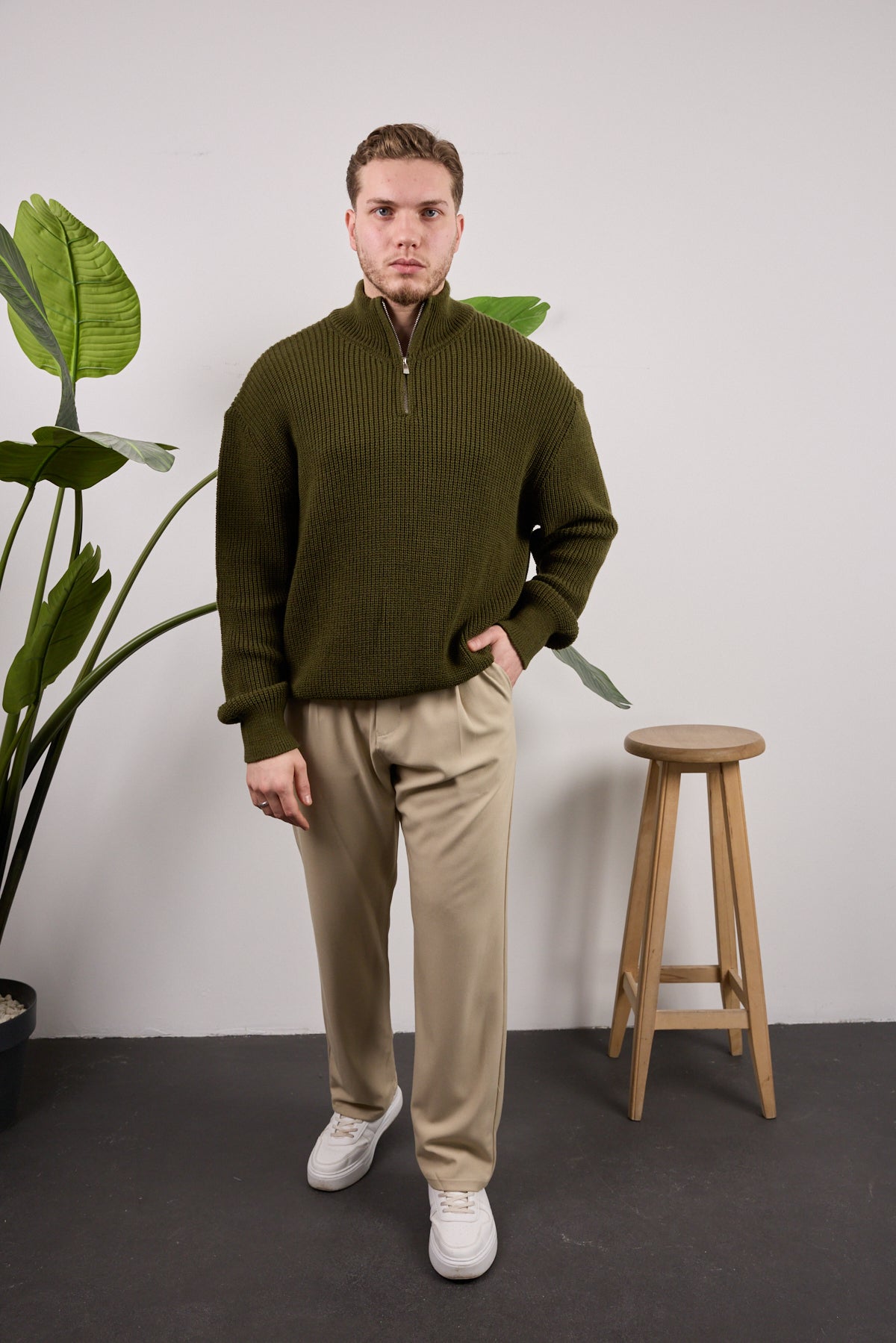 Yarım Fermuarlı Triko Kazak Haki