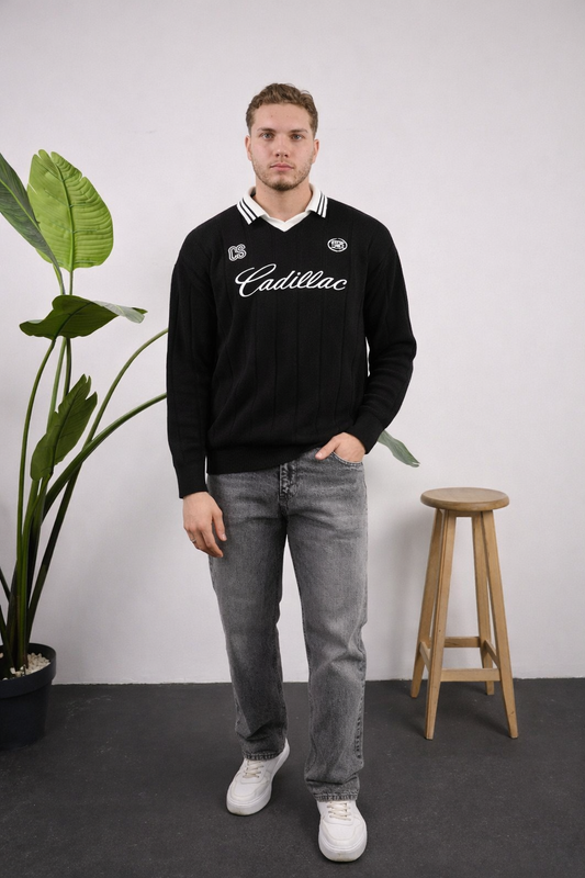 Cadillac Nakışlı Polo Yaka Kazak