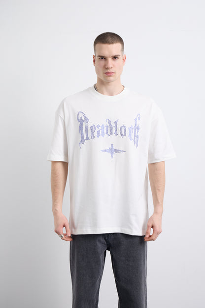 Mor Taş Baskı Detaylı Beyaz T-shirt