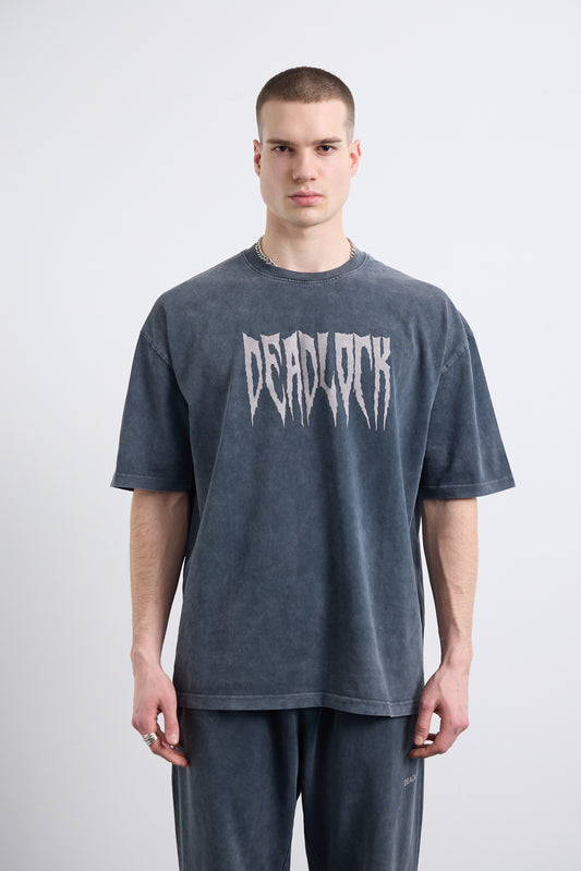 Yıkamalı Baskı Detaylı Gri T-shirt