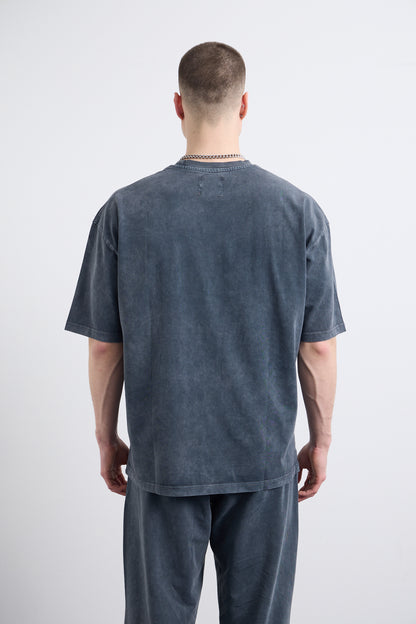 Yıkamalı Baskı Detaylı Gri T-shirt