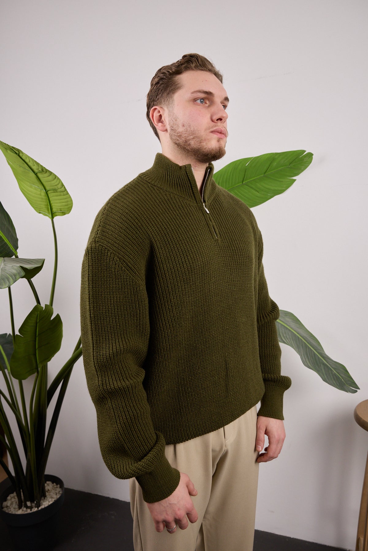 Yarım Fermuarlı Triko Kazak Haki