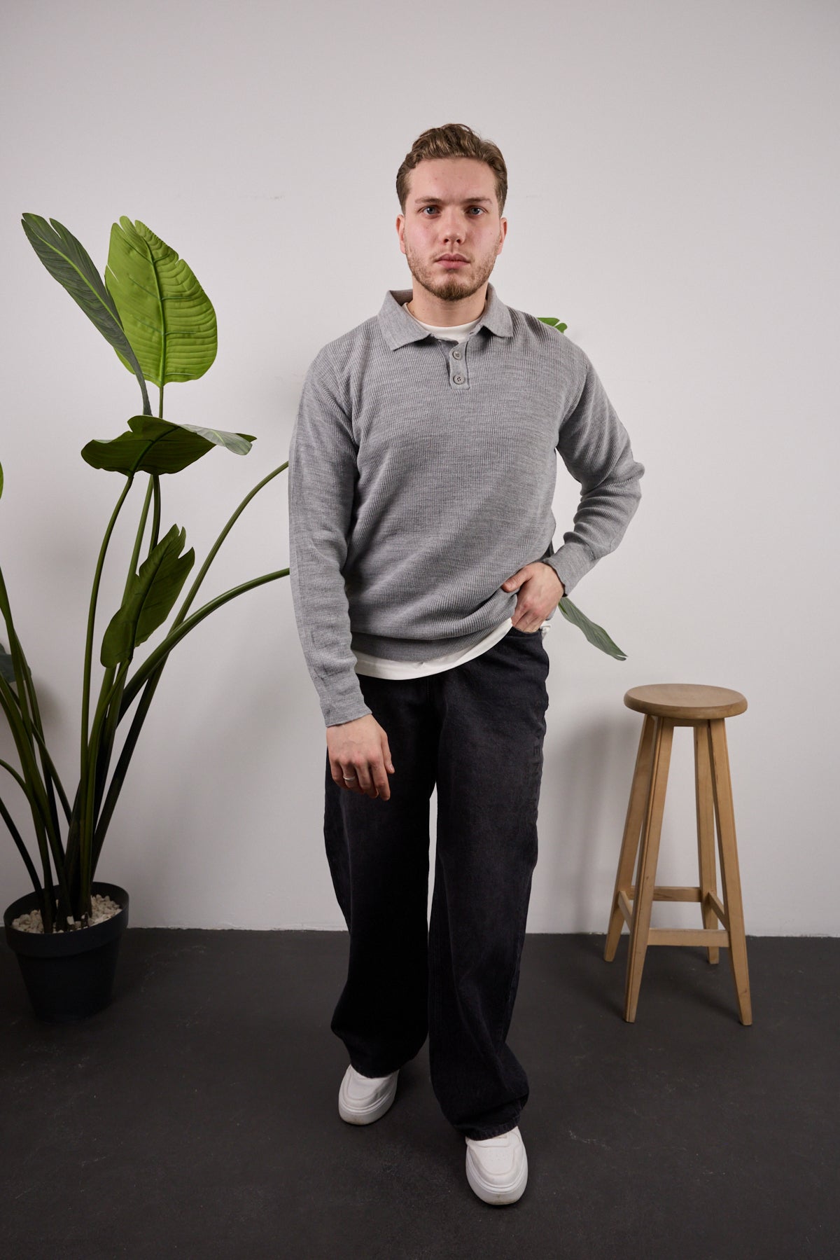 Düğmeli Polo Yaka Kazak Gri