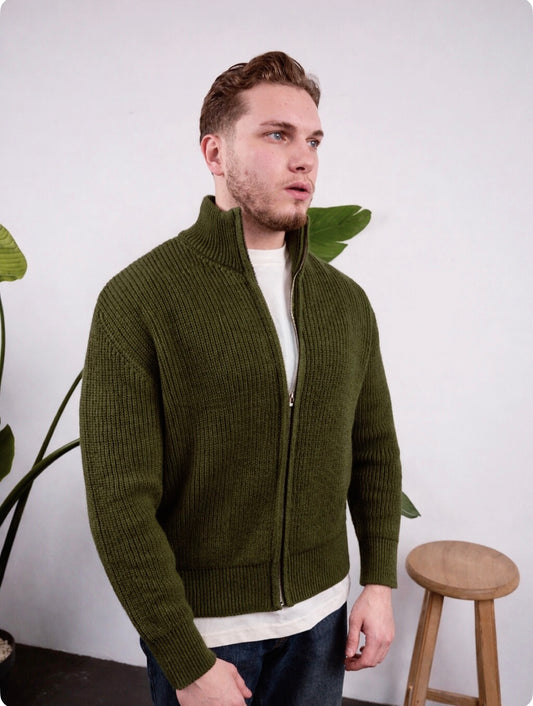 Tam Fermuarlı Triko Kazak Haki