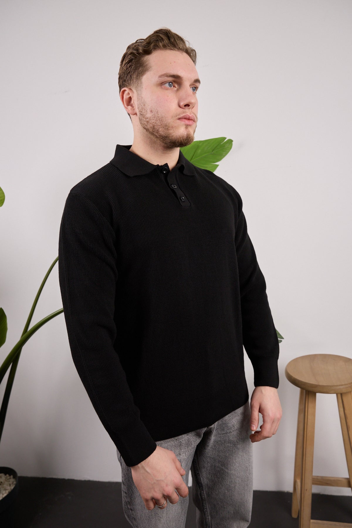 Düğmeli Polo Yaka Kazak Siyah