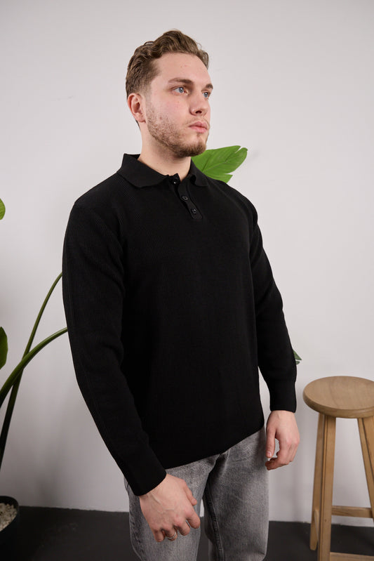 Düğmeli Polo Yaka Kazak Siyah