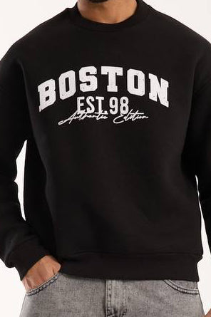 Boston Baskılı Sweatshirt Siyah