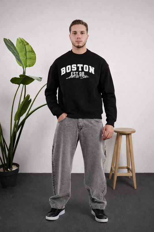 Boston Baskılı Sweatshirt Siyah