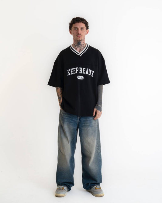 Keep Ready V Yaka Oversize Tişört - Siyah