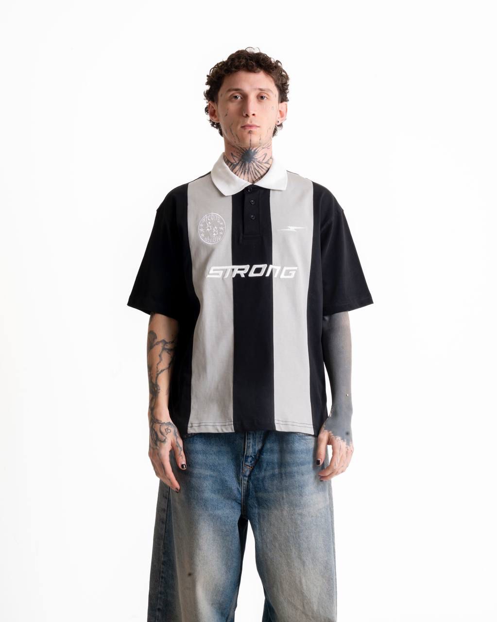 Strong nakışlı polo yaka t-shirt - Siyah/Gri