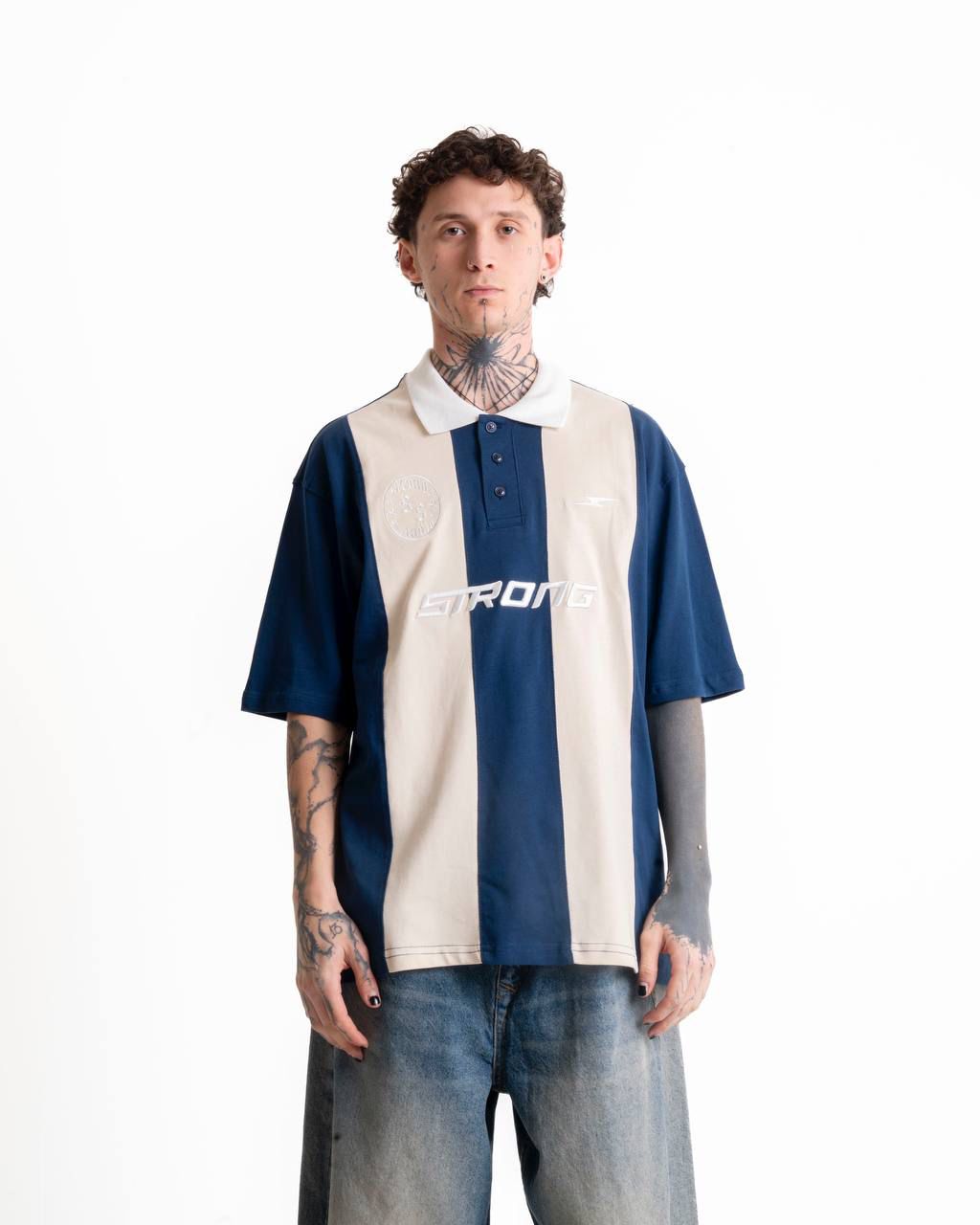 Strong nakışlı polo yaka t-shirt - İndigo/Krem